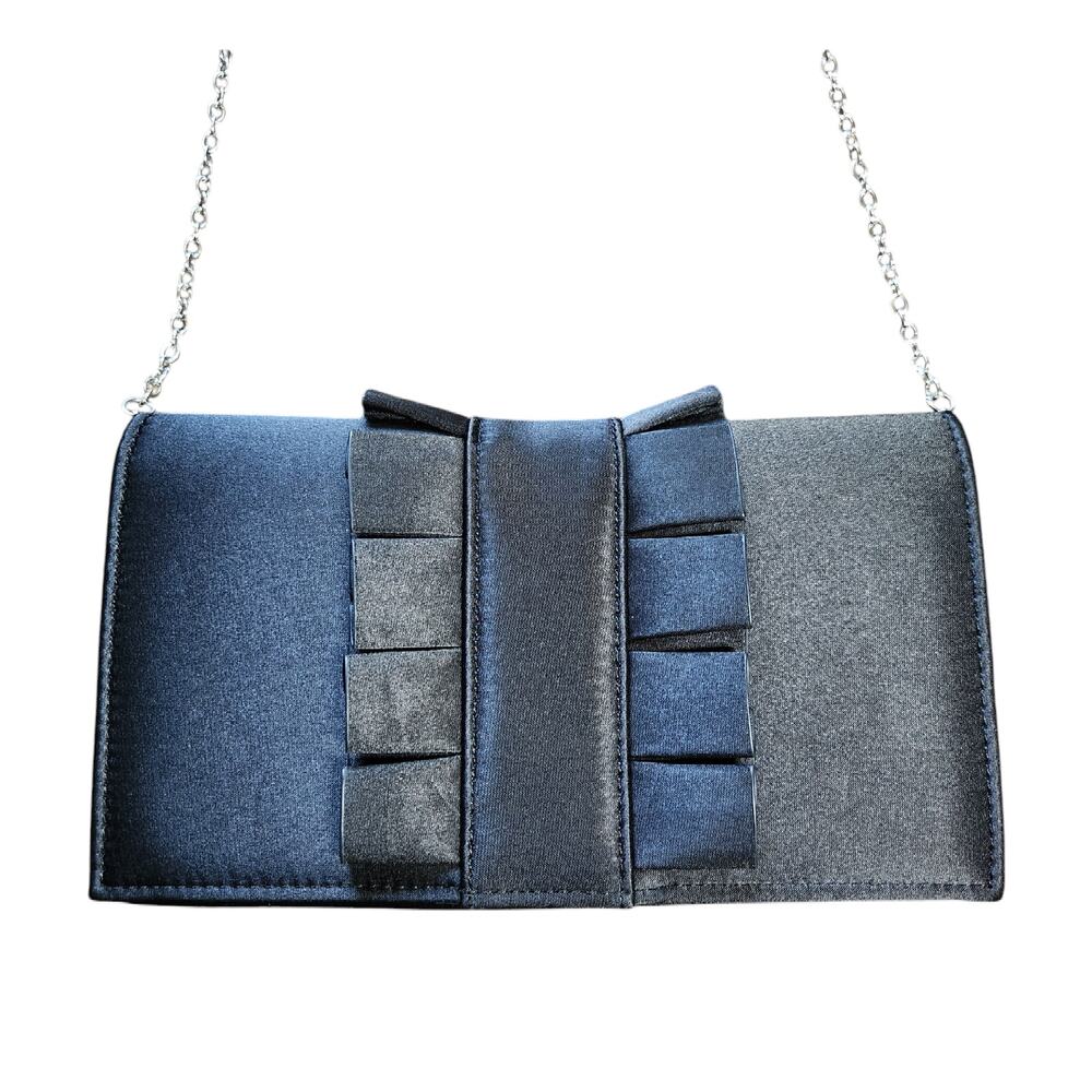 Kate Landry evening bag black satin ruffle with chain strap
